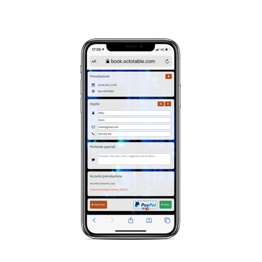 prenota concerto con il telefono su octotable