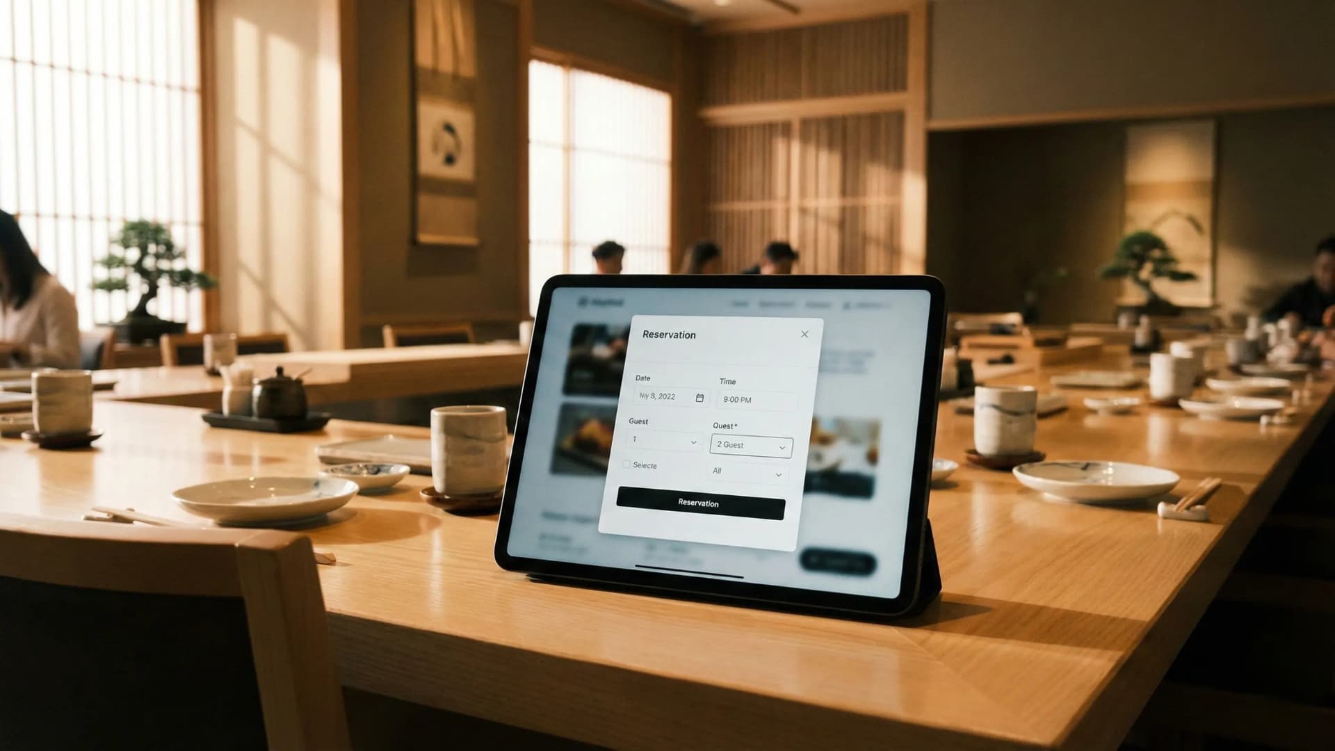 05 - Registrati 6 Tablet posizionato su un tavolo di legno che mostra l'interfaccia di un widget prenotazione ristorante per la selezione di data e orario
