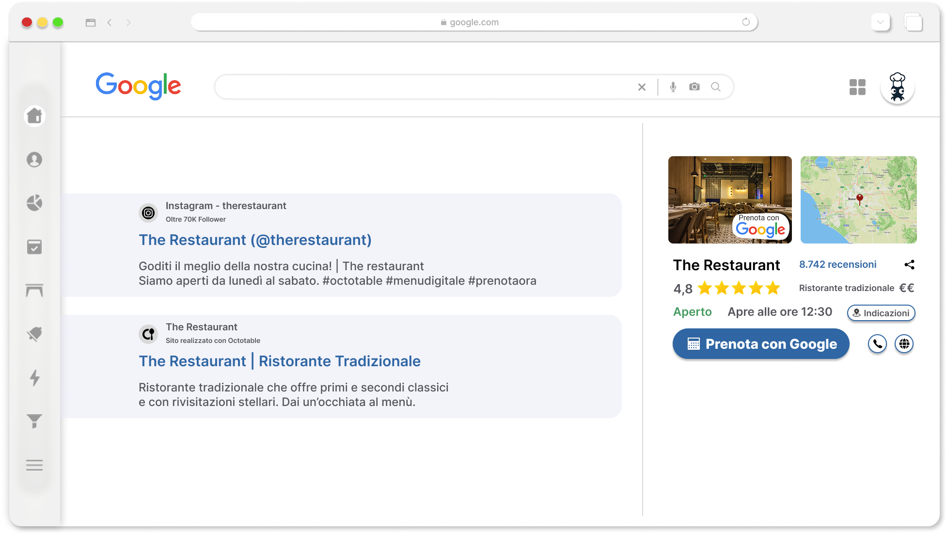 01 - Home 6 Schermata dei risultati di ricerca Google che mostra la visibilità online ottenuta grazie a Octotable, il sistema di prenotazioni per ristoranti.