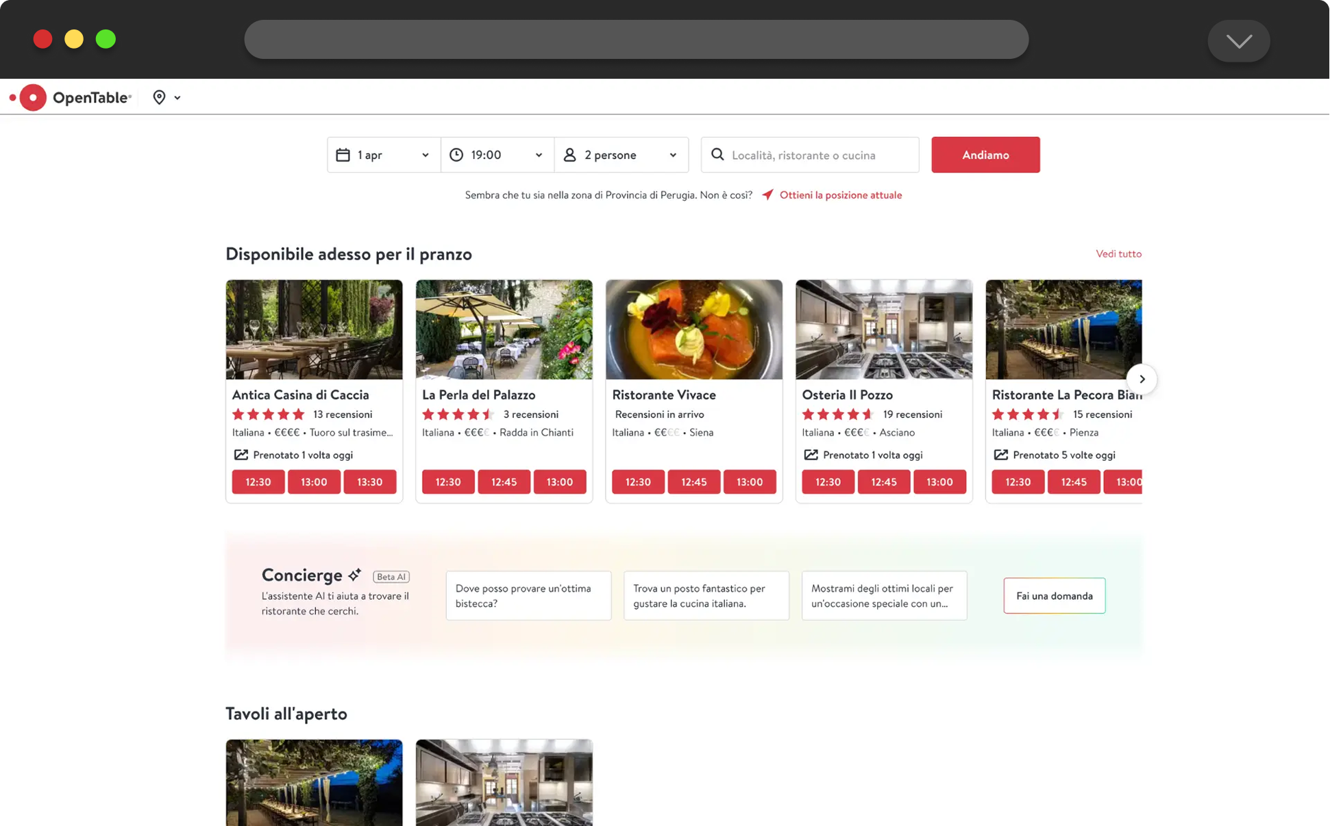 Homepage italiana del sito web di Opentable
